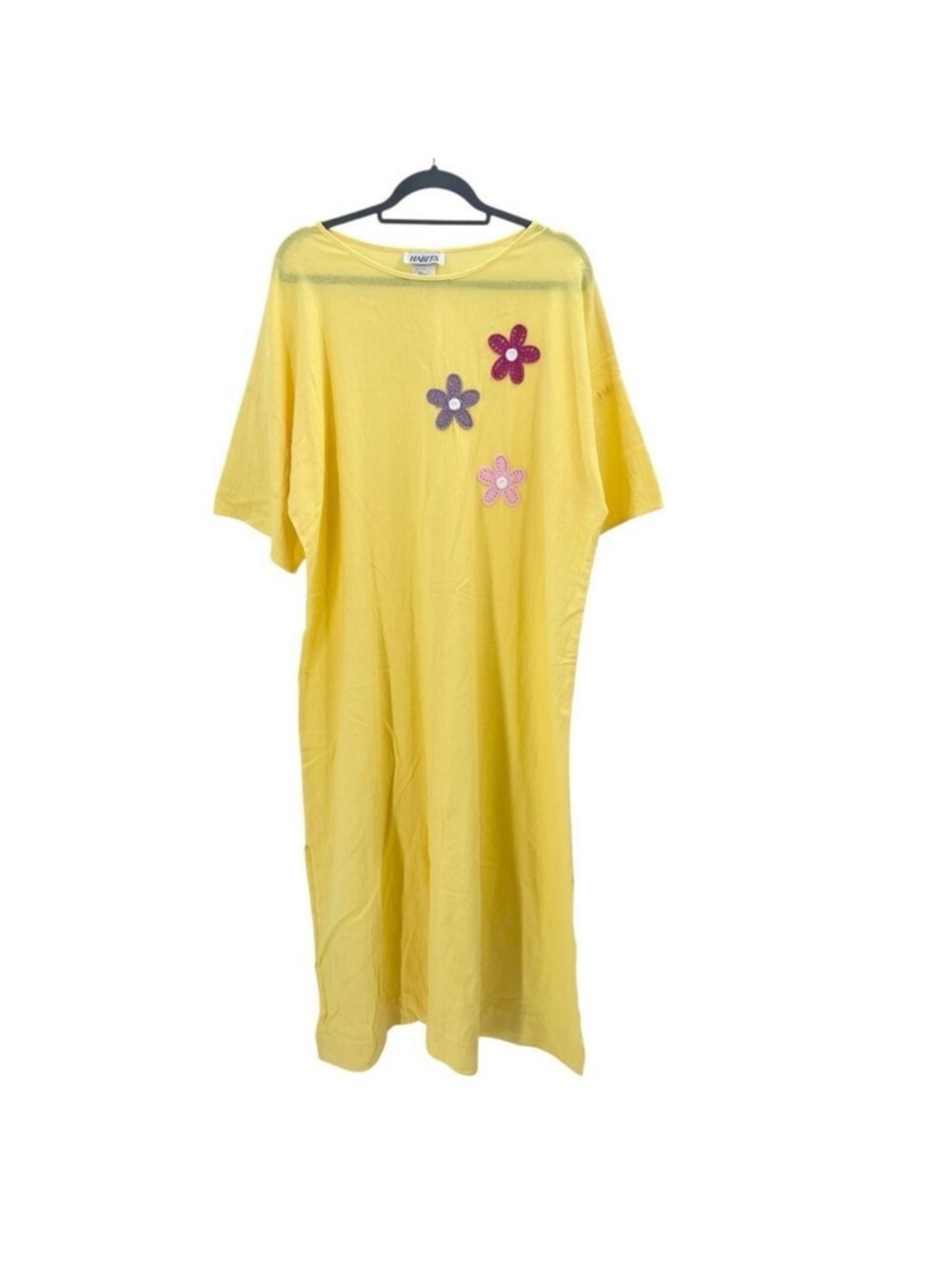 Vintage 70s Habits Yellow Crinkle Embellished House Beach Maxi Shirt Dress Large